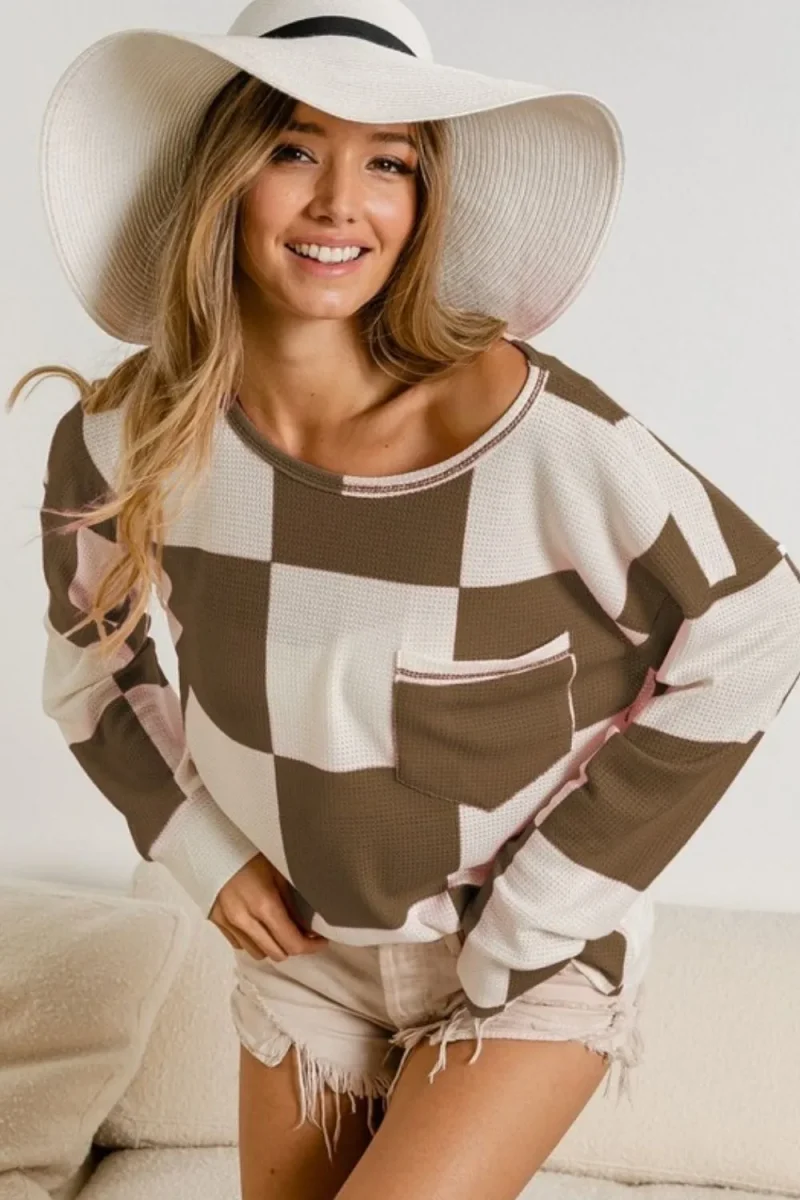 Checker Printed Hacci Top With Front Pocket - Taupe