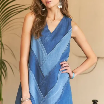 Chevron Color Block V-Neck Denim Dress -   Denim