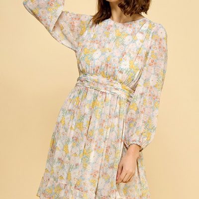 Chiffon Floral Print Belted Dress with Back Zipper - Blue Floral
