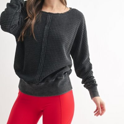 Chunky Waffle Boat Neck Sweater - Black