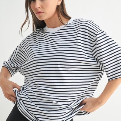 Coastal Cotton Striped Oversized Crewneck T-Shirt - White/Navy