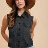 Collared Neck Button Down Denim Vest - Black
