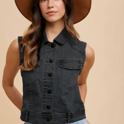 Collared Neck Button Down Denim Vest - Black