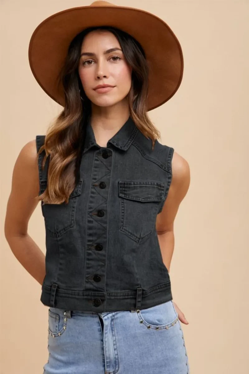 Collared Neck Button Down Denim Vest - Black