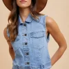 Collared Neck Button Down Denim Vest - Medium