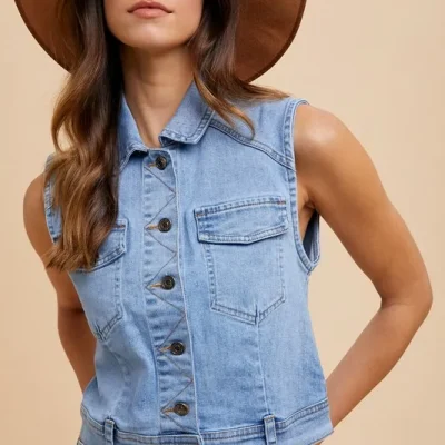 Collared Neck Button Down Denim Vest - Medium