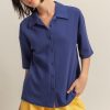 Collared Neck Button Down Waffle Shirt - Dusty Indigo