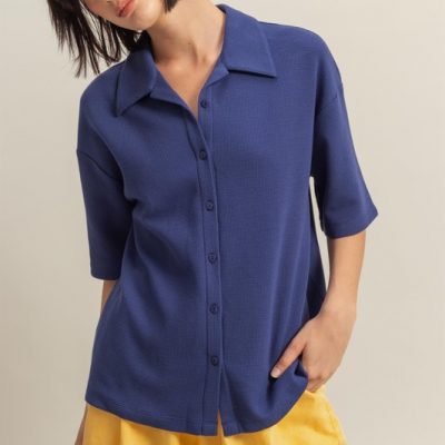 Collared Neck Button Down Waffle Shirt - Dusty Indigo