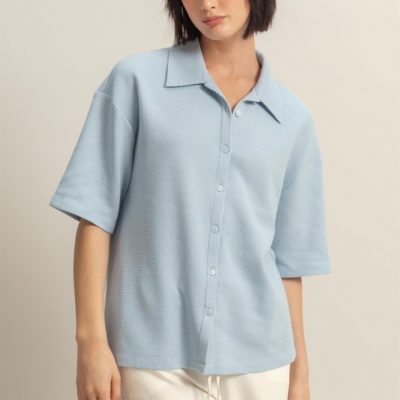 Collared Neck Button Down Waffle Shirt - Ice Blue