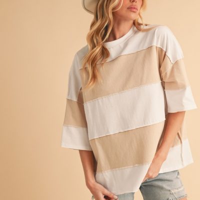 Color Block Round Neck Short Sleeve T-Shirt - White Oat