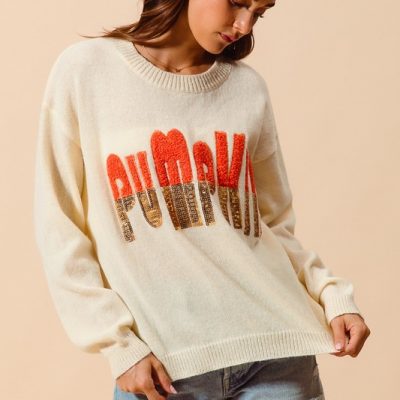 Contrast Sequin Pumpkin Slogan Sweater Top - Oatmeal