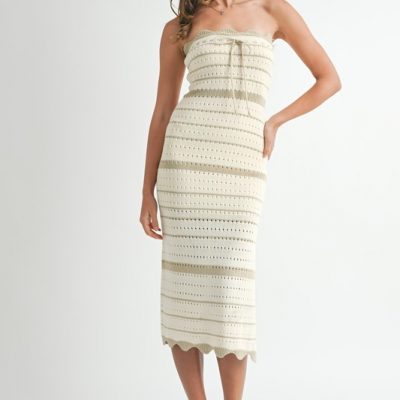 Contrast Striped Crochet Knit Midi Dress - Lt Taupe