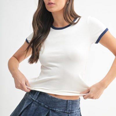 Contrast Trim Fitted Baby T-Shirt - White/Deep Ocean