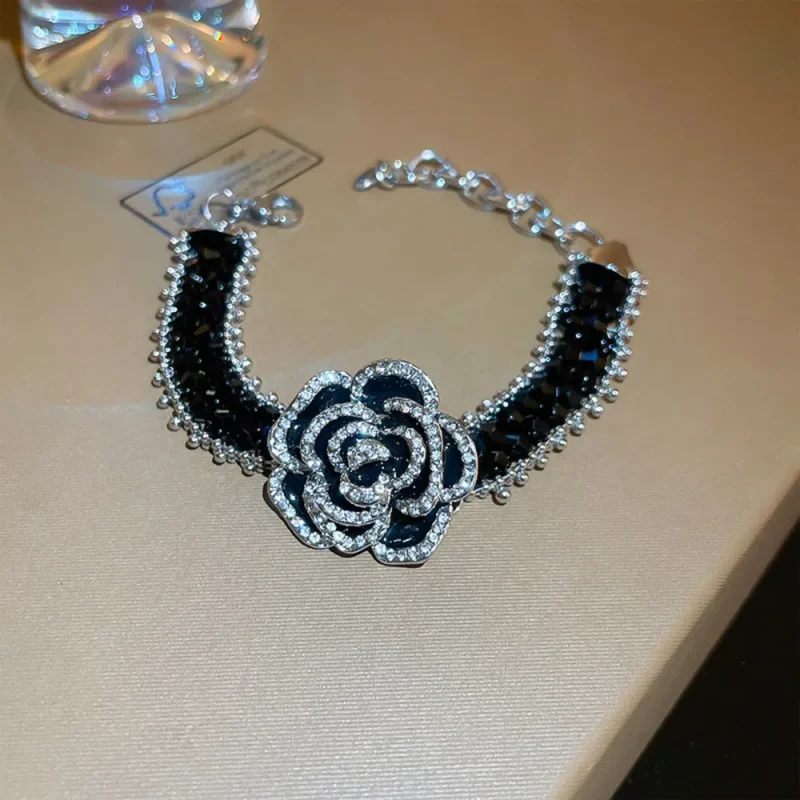 Copper Rhinestone Flower Bracelet - Black