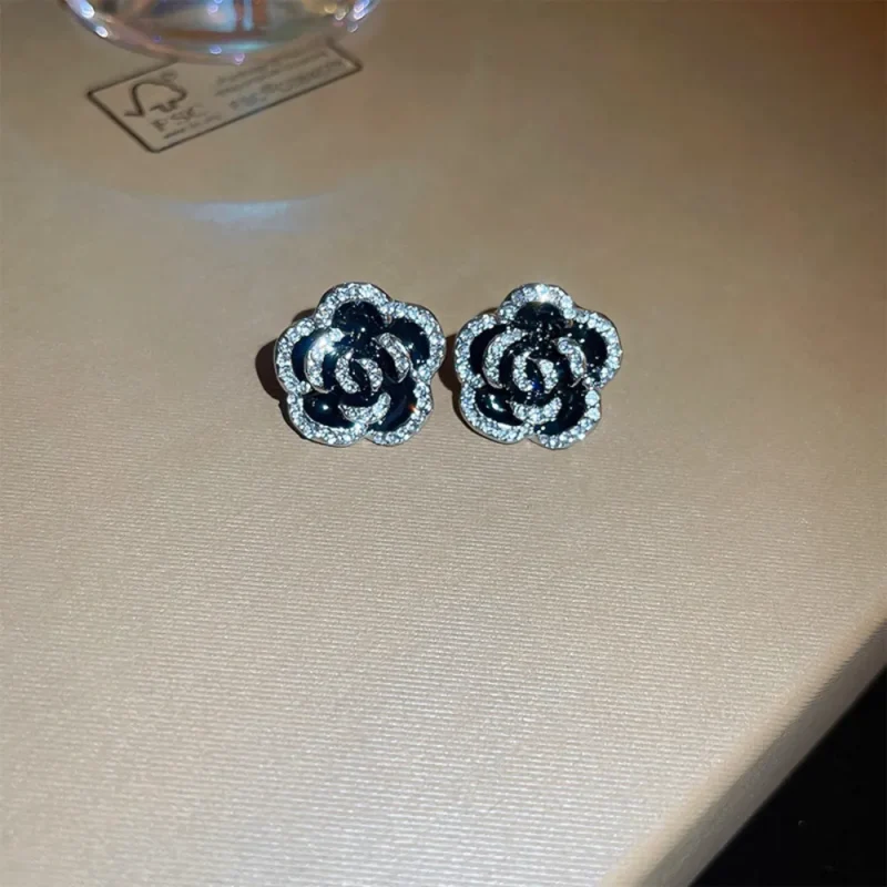 Copper Rhinestone Flower Earrings - Black