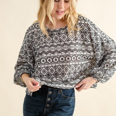Cozy Textured Printed Casual Top - Black/White