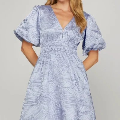 Crinkle Woven V-Neck Balloon Sleeve Mini Dress - Light Blue