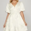 Crinkle Woven V-Neck Balloon Sleeve Mini Dress - Off White