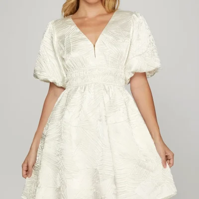 Crinkle Woven V-Neck Balloon Sleeve Mini Dress - Off White