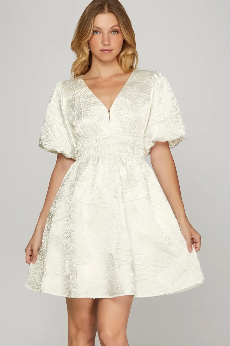 Crinkle Woven V-Neck Balloon Sleeve Mini Dress - Off White