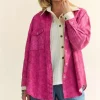 Curved Hem Diamond Quilted Button Up Denim Shacket - Hot Pink