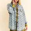 Curved Hem Diamond Quilted Button Up Denim Shacket - Light Blue