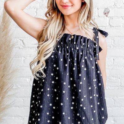 Daisy Polka Dot Print Ruffle Tank Top - Black
