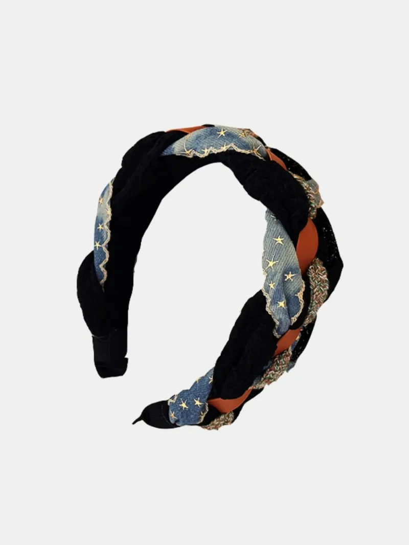 Denim Braided Wide Headband - Black