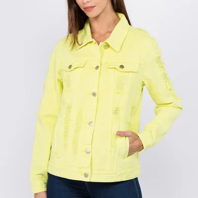 Distressed Back Button Down Denim Jacket - Lime/Neon Yellow