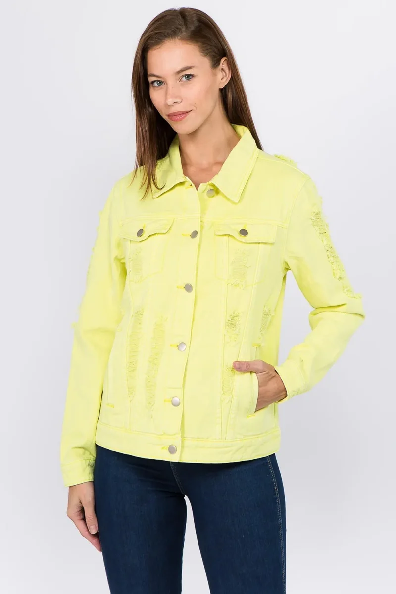 Distressed Back Button Down Denim Jacket - Lime/Neon Yellow