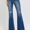 Distressed Button-Fly Flare Jeans - Dark