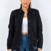 Distressed Button Up Long Sleeve Denim Jacket - Black
