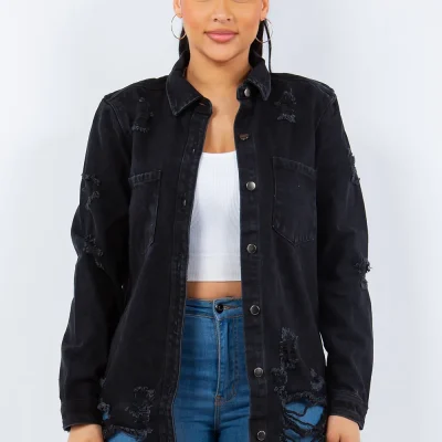 Distressed Button Up Long Sleeve Denim Jacket - Black