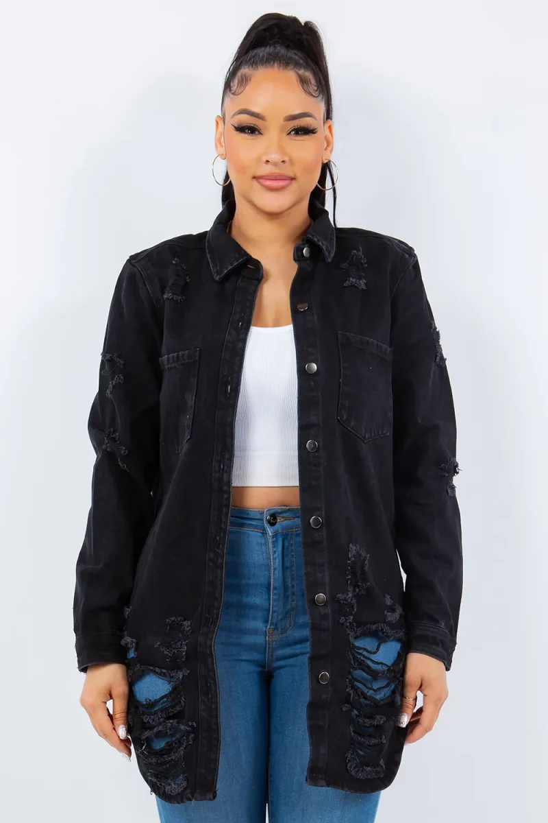 Distressed Button Up Long Sleeve Denim Jacket - Black