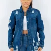 Distressed Button Up Long Sleeve Denim Jacket - Blue