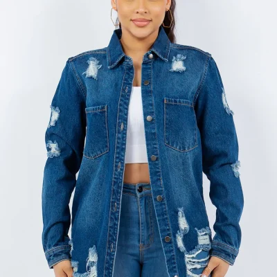 Distressed Button Up Long Sleeve Denim Jacket - Blue