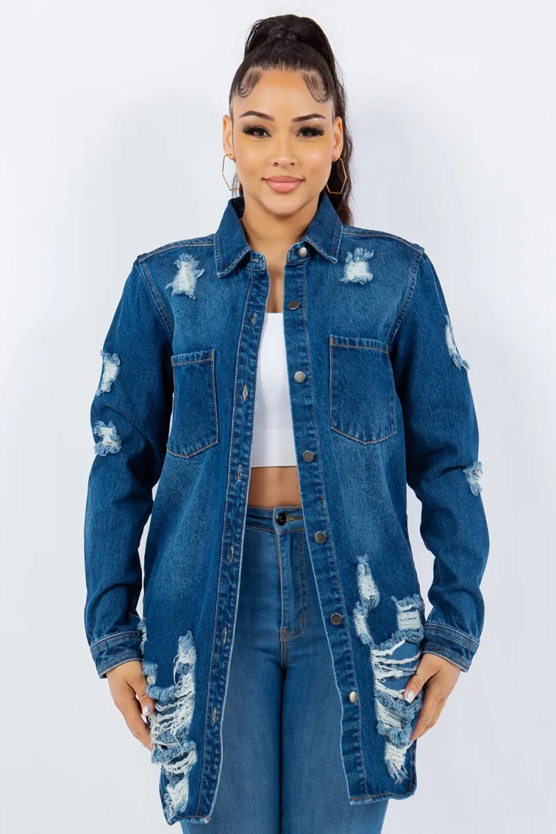 Distressed Button Up Long Sleeve Denim Jacket - Blue