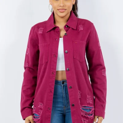 Distressed Button Up Long Sleeve Denim Jacket - Deep Purple