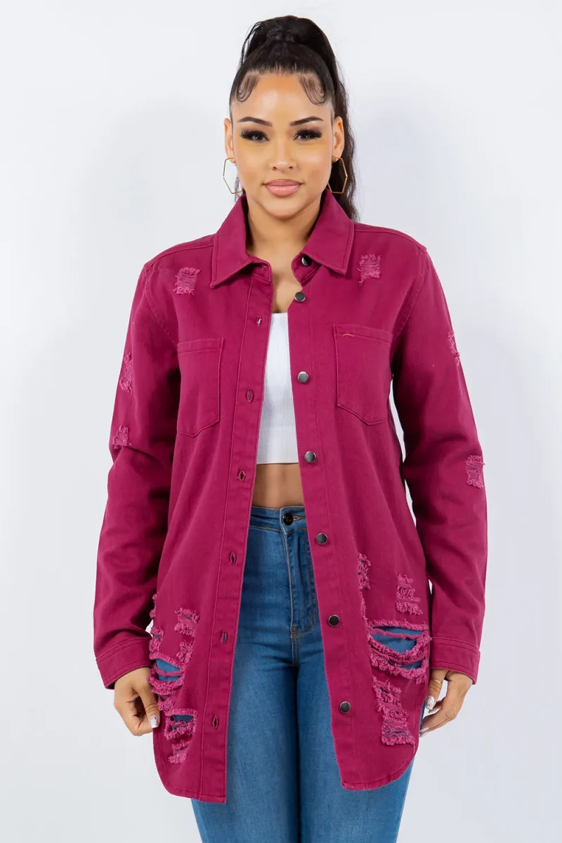 Distressed Button Up Long Sleeve Denim Jacket - Deep Purple