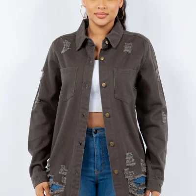 Distressed Button Up Long Sleeve Denim Jacket - Gray