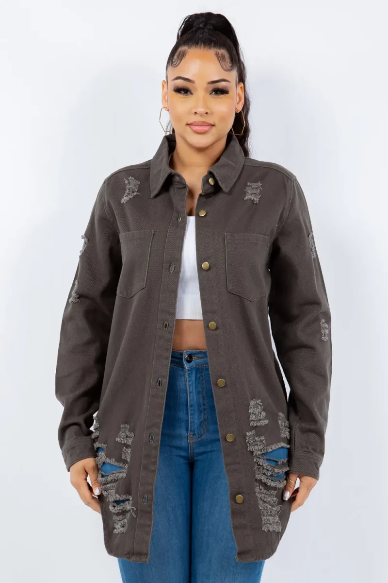 Distressed Button Up Long Sleeve Denim Jacket - Gray