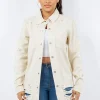 Distressed Button Up Long Sleeve Denim Jacket - Ivory