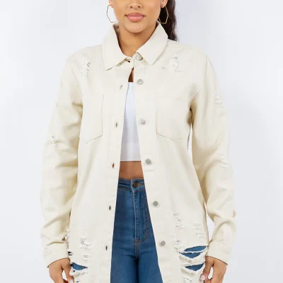Distressed Button Up Long Sleeve Denim Jacket - Ivory