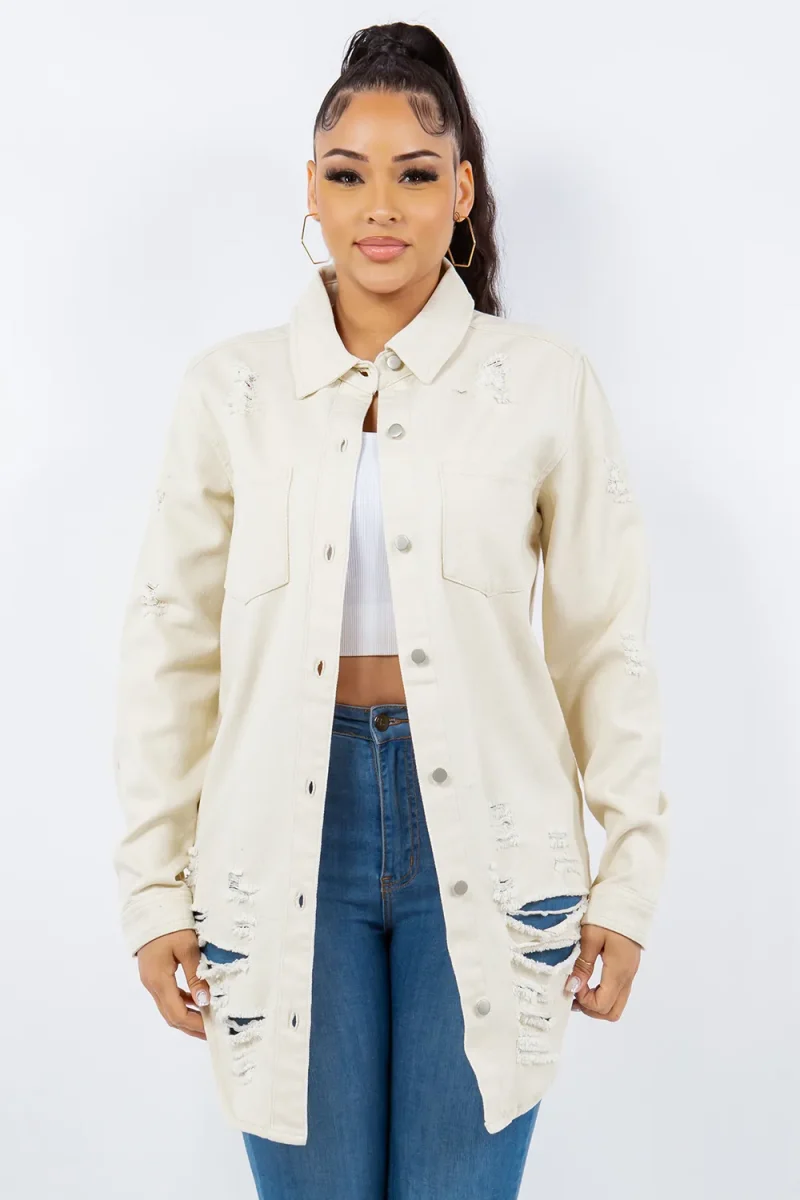 Distressed Button Up Long Sleeve Denim Jacket - Ivory