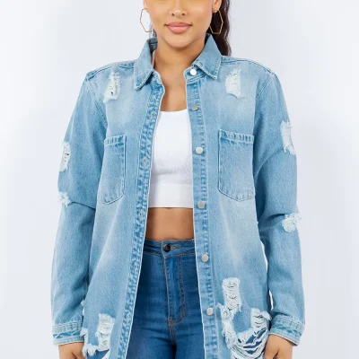 Distressed Button Up Long Sleeve Denim Jacket - Lt Blue