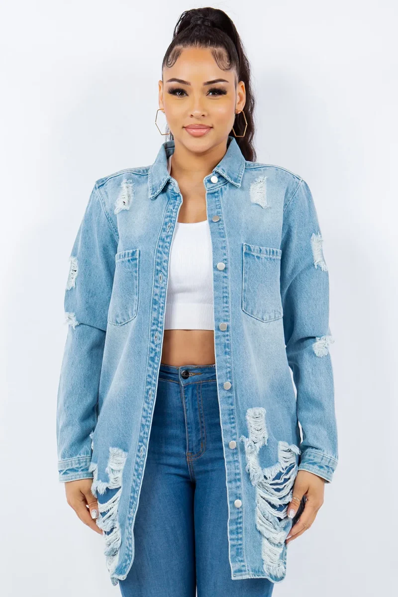 Distressed Button Up Long Sleeve Denim Jacket - Lt Blue