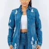 Distressed Button Up Long Sleeve Denim Jacket - M Blue