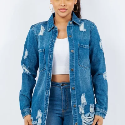 Distressed Button Up Long Sleeve Denim Jacket - M Blue