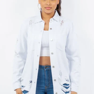 Distressed Button Up Long Sleeve Denim Jacket - White