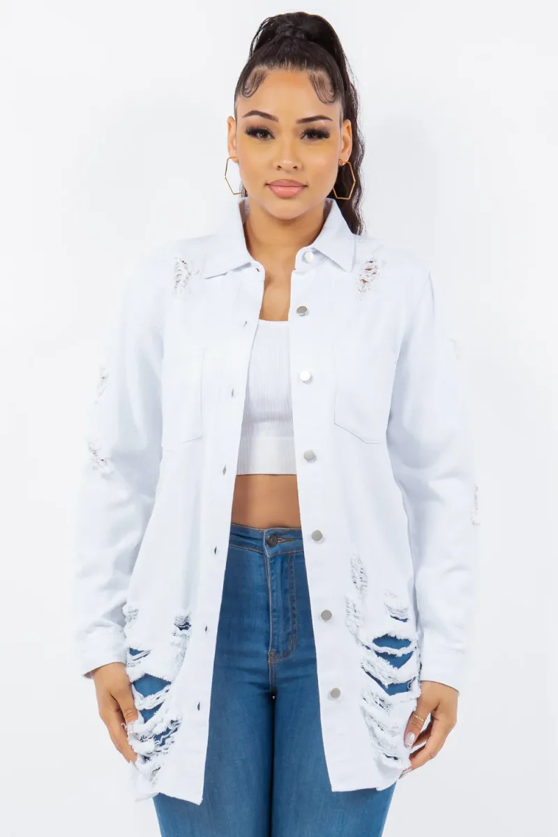Distressed Button Up Long Sleeve Denim Jacket - White